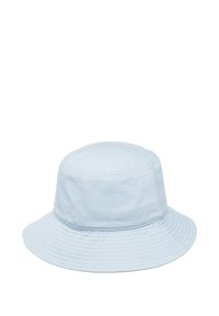 Lichtblauwe katoenen bucket hat met een ronde kroon en een brede, platte rand. Heeft gestikte details rond de kroon en de rand.