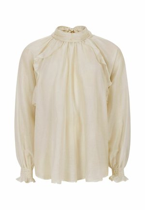 Krēmkrāsas blūze no viegla auduma, ar augstu volānu apkakli, nolaižamām pleciem un savāktām aprocēm ar volānu akcentiem.