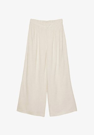 Pantaloni larghi in lino di colore beige chiaro con un design plissettato e una vita elasticizzata per comfort e facilità d'uso.
