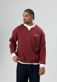 Bordeauxrode sweater met een V-hals ontwerp, witte geribde manchetten en een klein logo op de borst. Zacht materiaal met een comfortabele pasvorm.