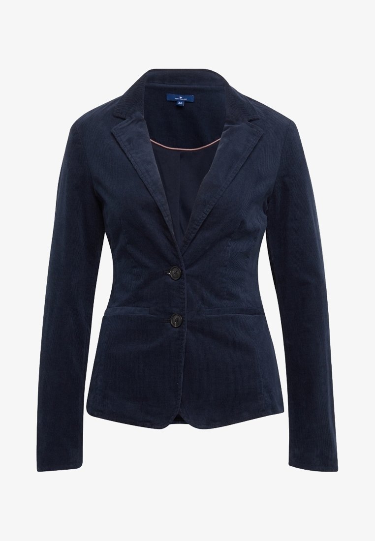 Blazer en velours côtelé bleu marine avec deux boutons devant, col à revers cranté, manches longues et poches passepoilées à l'avant.
