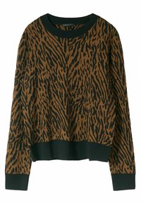 Langer Pullover mit braunem und schwarzem Tiermuster, schwarzen gerippten Bündchen, einem Saum und Rundhalsausschnitt.