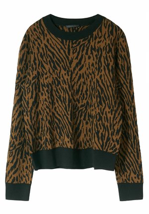 Langer Pullover mit braunem und schwarzem Tiermuster, schwarzen gerippten Bündchen, einem Saum und Rundhalsausschnitt.