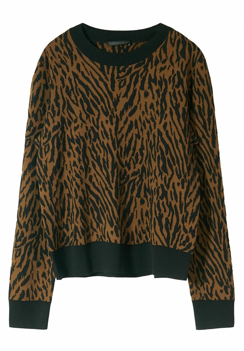 Langer Pullover mit braunem und schwarzem Tiermuster, schwarzen gerippten Bündchen, einem Saum und Rundhalsausschnitt.