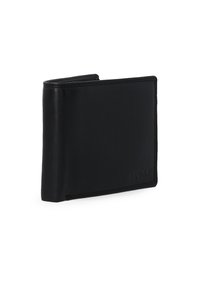 Sort læderpung med et elegant design, der har en glat tekstur og diskrete syninger. Kompakt størrelse med en enkel, rektangulær form.