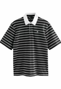 Sort-hvid stribet polo t-shirt med en ensfarvet hvid krave og korte ærmer. Har et lille logo på venstre bryst.