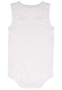 Bodysuit sans manches blanc en coton doux. Il présente un col rond et une fermeture à pression classique au bas. Texture lisse, design simple.