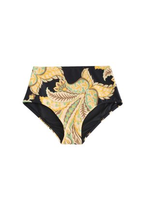 Figi bikini z wysokim stanem w żółty, zielony i beżowy kwiatowy wzór paisley na czarnym tle.