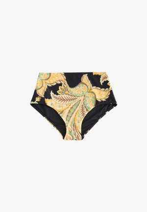 Bas de bikini taille haute avec un motif floral paisley jaune, vert et beige sur fond noir.