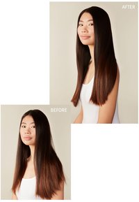Images avant et après de cheveux raides ; l'image "après" montre des cheveux bruns plus longs et plus brillants avec une texture lisse, tandis que l'image "avant" présente des pointes inégales.