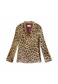 Giacca camicia in tessuto morbido con stampa leopardata, caratterizzata da un colletto a rever, maniche lunghe, chiusura con bottoni e fodera a contrasto color marrone scuro.