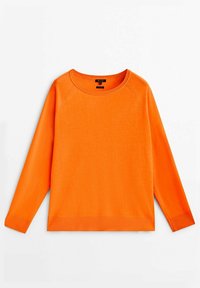 Oranger gestrickter Pullover mit rundem Ausschnitt, gerippten Bündchen und Saum, mit glatter Textur und lockerer Passform.