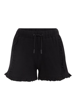 Czarne szorty damskie z elastycznym pasem, sznurkiem do wiązania oraz falbanką wzdłuż boków i dolnej krawędzi.