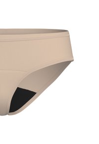 Beige bikini-alushousut sileällä, joustavalla kankaalla; niissä on matala vyötärö ja musta vuori sisäpuolella. Yksinkertainen muotoilu ilman kuvioita.