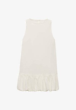 Vestito bianco senza maniche con orlo arricciato. Tessuto leggero e liscio; design semplice con scollatura rotonda e senza chiusure visibili.