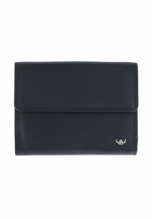 Portefeuille en cuir bleu foncé avec fermeture à rabat et petit logo argenté en bas à droite.