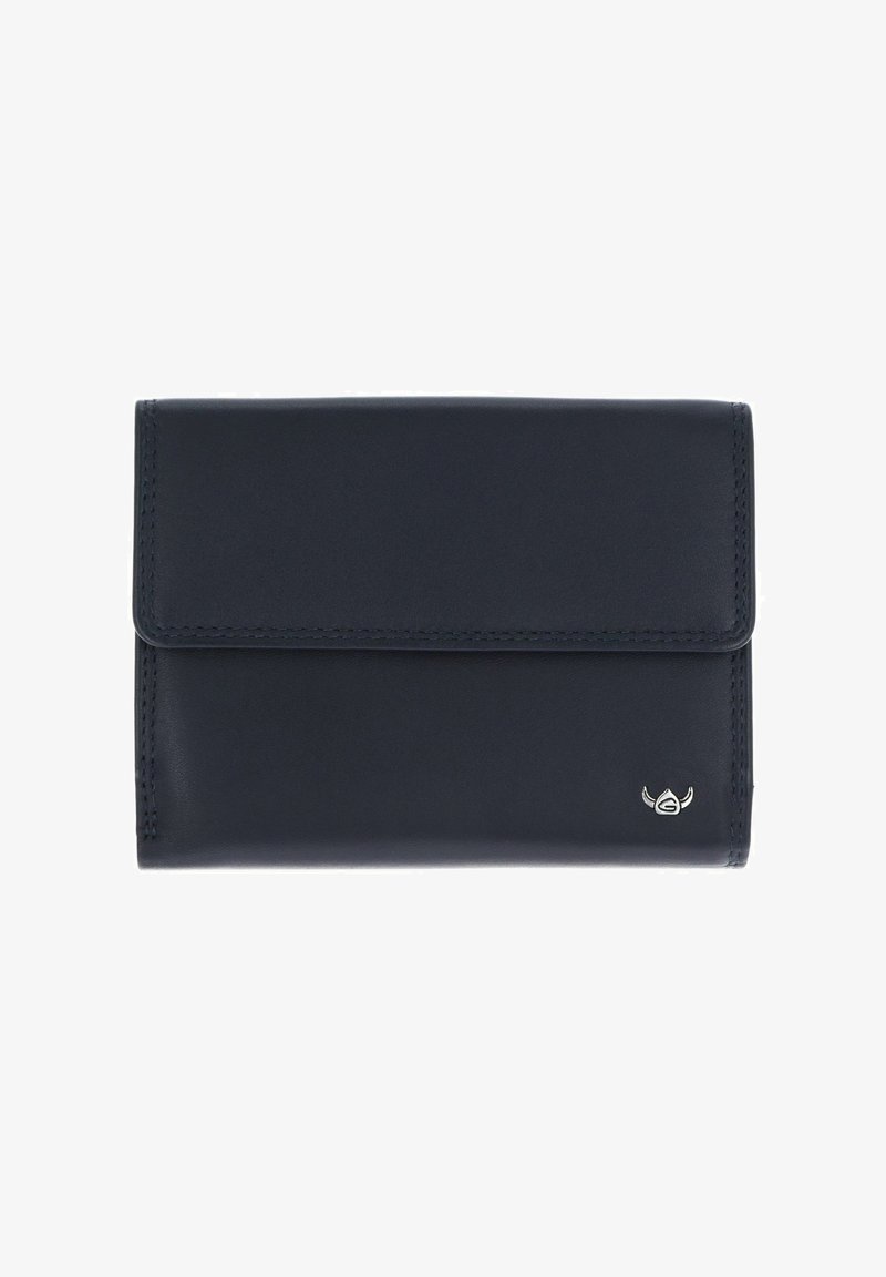Portefeuille en cuir bleu foncé avec fermeture à rabat et petit logo argenté en bas à droite.