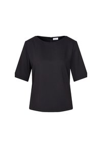 Blusa nera a maniche corte con scollo a barca e chiusura con zip sul retro, esposta su sfondo bianco.