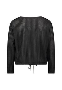 Schwarzes Langarmoberteil mit strukturiertem, plissiertem Design. Verfügt über einen runden Halsausschnitt und einen Kordelzugsaum für eine anpassbare Passform.