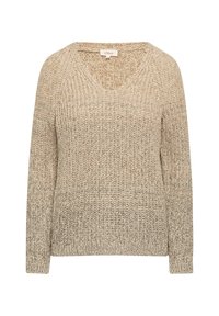 Beige gebreide trui met een V-hals, lange mouwen en een textuurdesign. De stof heeft een kleurverloop van licht naar donker.