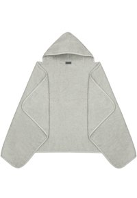 Grau gefütterter Poncho aus weichem, strukturiertem Stoff mit breiter, offener Vorderseite und abgerundeten Kanten, versehen mit kontrastierenden Besätzen entlang der Ränder.