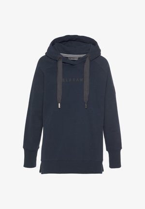 Sudadera con capucha azul marino de manga larga, bolsillo canguro delantero, capucha con cordón ajustable y texto de logo sutil en la parte delantera.