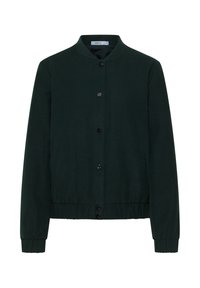 Donkergroene bomberjack gemaakt van zachte stof, met een ronde halslijn, knoopsluiting aan de voorkant, zijzakken en een elastische onderkant en manchetten.