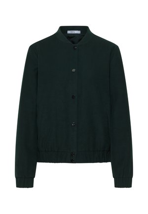 Dark green bomber jacket made from soft fabric, featuring a round neckline, front button closure, side pockets, and elasticized hem and cuffs.