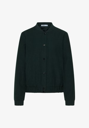 Donkergroene bomberjack gemaakt van zachte stof, met een ronde halslijn, knoopsluiting aan de voorkant, zijzakken en een elastische onderkant en manchetten.