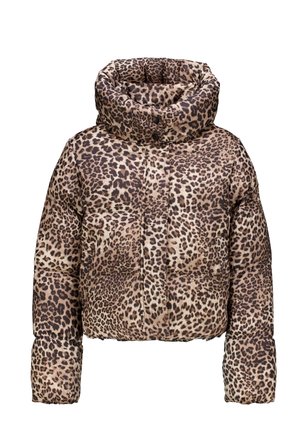 Puffermantel mit Leopardenmuster und hohem Kragen, ausgestattet mit einem gesteppten Design, Druckknöpfen und lockerer Passform. Farbpalette umfasst Braun- und Beigetöne.