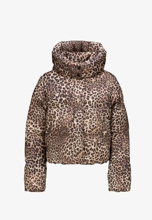 Leopard print puffer jacket with a high collar, featuring a quilted texture, snap closures, and relaxed fit. Color palette includes browns and beige.