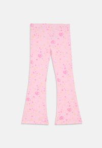Flared leggings in pink cotton, featuring a pattern of hearts, stars, and bubbles in pastel colors. Soft texture, elastic waistband.