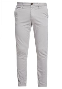 Světlé šedé chino kalhoty s úzkým střihem, vyrobené ze směsi bavlny, s knoflíkovým zapínáním a dvěma bočními kapsami. Hladká textura.