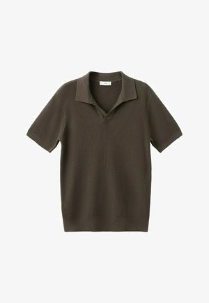 Brown short-sleeve knit polo shirt with a textured pattern and open collar, laid flat against a white background.