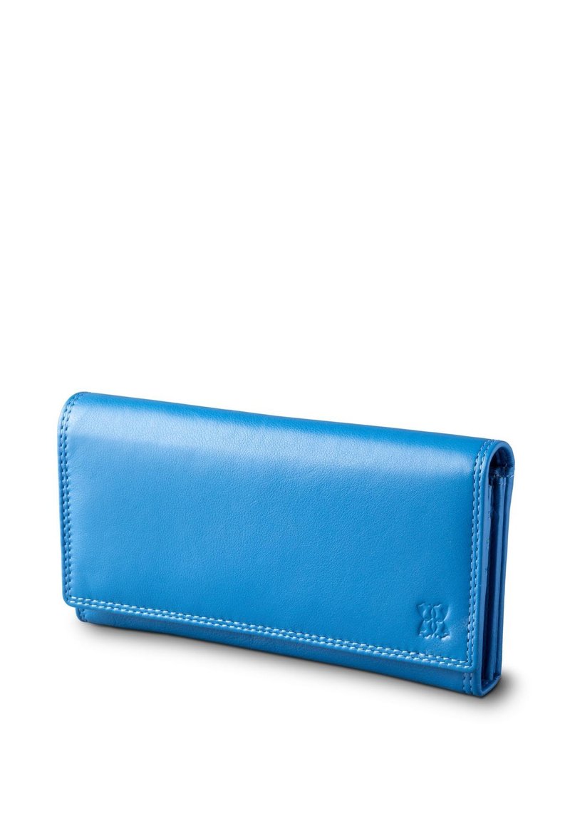 Blue leather wallet with a smooth texture, rectangular shape, and contrasting stitching. Features a subtle embossed logo and flap closure.
