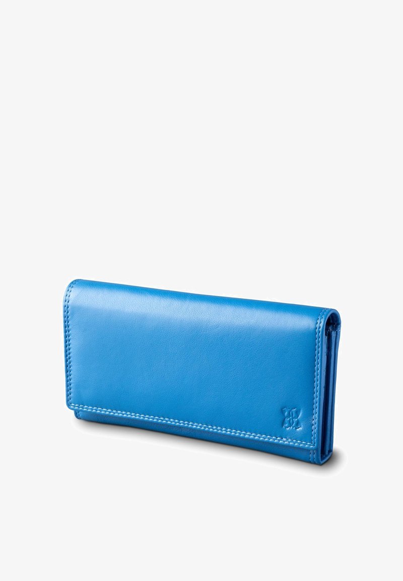 Blue leather wallet with a smooth texture, rectangular shape, and contrasting stitching. Features a subtle embossed logo and flap closure.