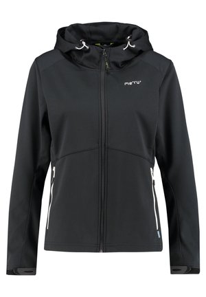 Chaqueta softshell negra con capucha, cremallera frontal, dos bolsillos laterales con cremallera y cordones ajustables en la capucha.