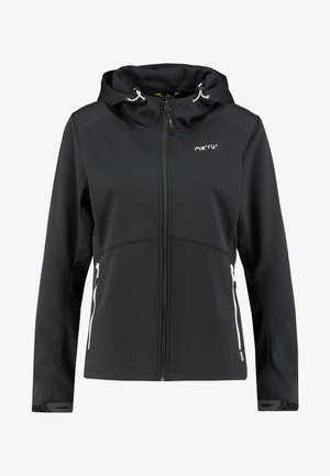 Veste softshell noire à capuche avec fermeture éclair frontale, deux poches latérales zippées et cordons réglables sur la capuche.
