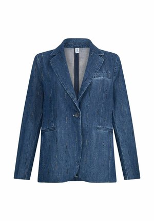 Zils džinsa žakete ar vienu pogu, ar iekapuši atloki un divām priekšējām kabatām, ar smalkām spīdīgām vertikālām šuvju detaļām.