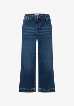 Dunkelblaue Jeans mit weitem Bein, vorderem Knopf- und Reißverschluss, Gürtelschlaufen und Verblassungsdetails an den Oberschenkeln.
