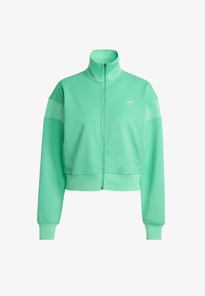 Mintgrüner, kurz geschnittener Reißverschlussjacke aus weichem Stoff mit langen Ärmeln und hohem Kragen. Dezentes Logodesign auf der Vorderseite.