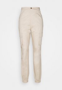 Beige cargo-housut korkealla vyötäröllä, joustavilla resoreilla ja kahdella sivutaskulla. Valmistettu sileästä kankaasta, jossa on napitusta vyötäröllä.