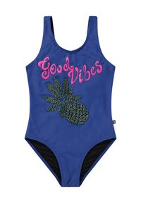 Marinblå baddräkt i ett stycke med texten "Good Vibes" i rosa. Har en pärlad ananasdesign framtill. Tillverkad av ett slätt, stretchigt material.
