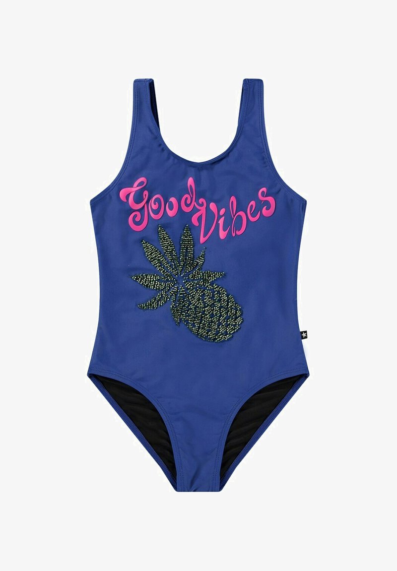 Mørkeblå one-piece badedragt med teksten "Good Vibes" i lyserød. Har et perledekoreret ananasdesign på forsiden. Fremstillet af glat, strækbart materiale.