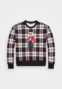 Schwarzes, weißes und rotes kariertes Sweatshirt mit gerippten Bündchen und Saum, featuring einen Bären mit Sonnenbrille, roter Jacke und schwarzen Hosen.