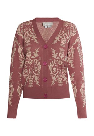Gehaakt vest in stofroze, met witte bloemen- en vogelpatronen. V-hals, vijf knopen, geribbelde manchetten en zoom. Zachte textuur.