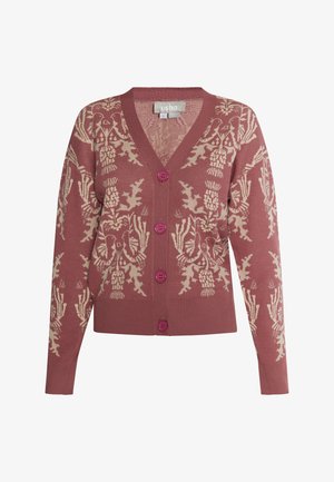 Kootud kardigan tolmuroosa värviga, millel on valged lille- ja linnumustrid. V-kaelus, viis nööpi, ribakujulised varrukad ja alläär. Pehme tekstuur.