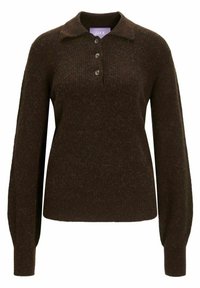 Brauner Strickpullover mit Kragen, dreiknöpfiger Knopfleiste und langen, ballonförmigen Ärmeln. Weiche Textur mit leicht flauschigem Finish.