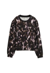 Zwarte sweater met een patroon, lange mouwen en een ronde hals. Heeft een mix van paarse en witte abstracte ontwerpen op een gestructureerde stof.