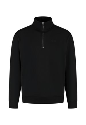 Black sweatshirt with a high collar and half-zip closure. Smooth texture, ribbed cuffs and hem, minimal branding on the chest.